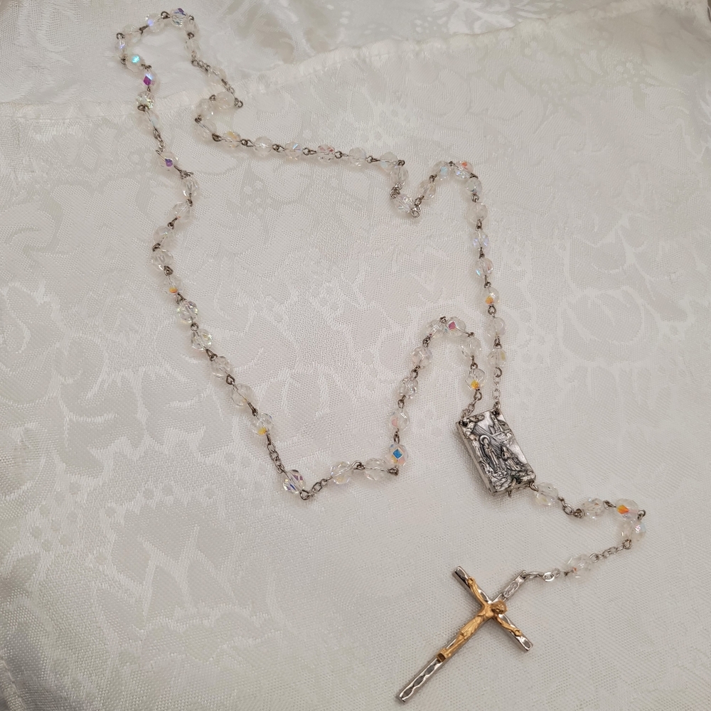 Vintage Gorgeous Crystal  Rosary Beads From Italy Holy Water Crucifix Jesus Mary